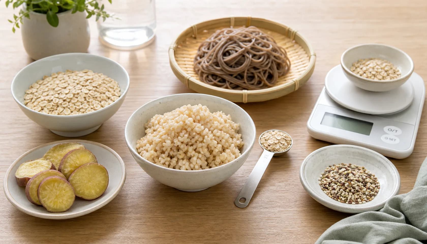 오트밀과 요거트, 과일, 견과류 토핑을 놓고 아침 식사 구성을 비교하는 장면